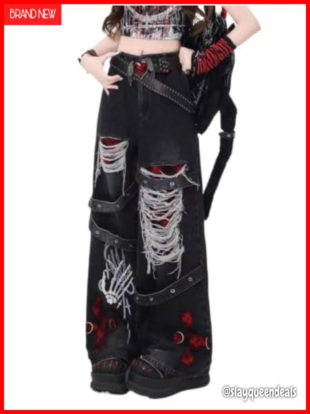 Y2K Gothic Punk High Waist Wide Leg Baggy Distressed Jeans Elastic Waist